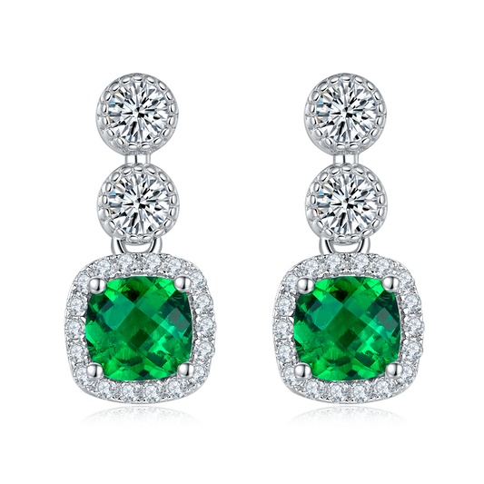 Cushion Cut Emerald-S925 Silver Earrings Plated in 18k Gold